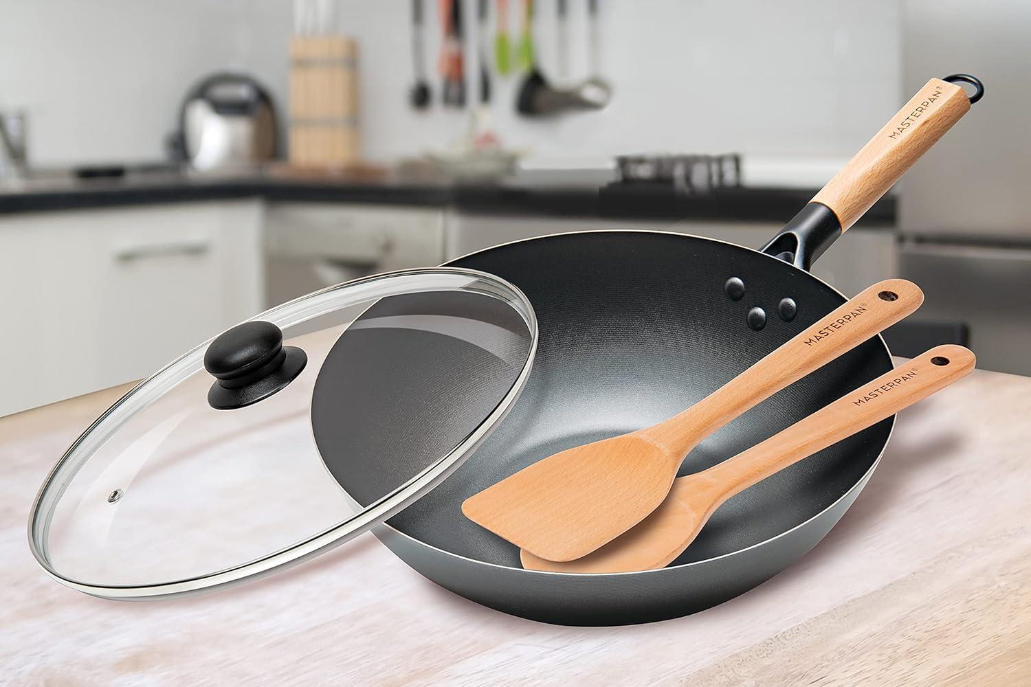 MasterPan Inc. Masterpan Carbon Steel Wok With Glass Lid Wooden Utensils Non-Stick Flat Bottom Asian Stir-Fry