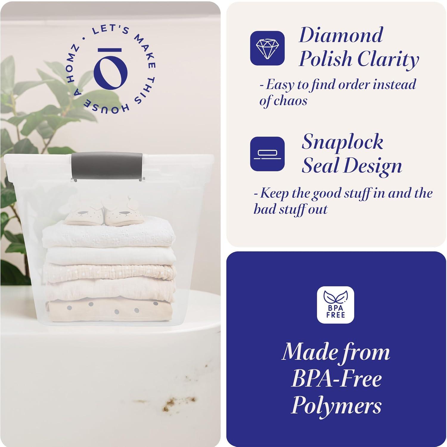 Homz 31 Quart Secured Seal Latch Extra Large Single Clear Stackable Storage Container Tote with Grey Handles for Home, Garage, or Basement, 4 Count