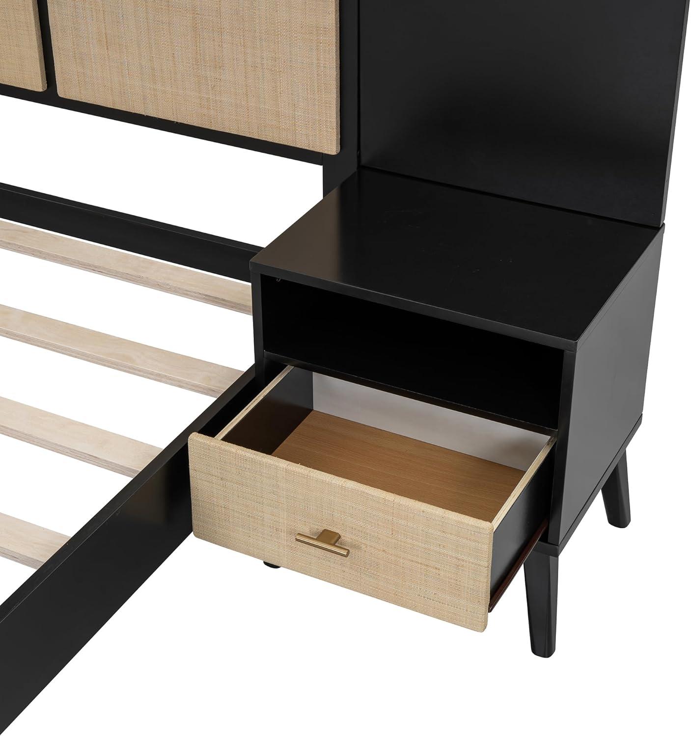 Queen Size Black and Rattan Solid Wood Bed Frame with Nightstands