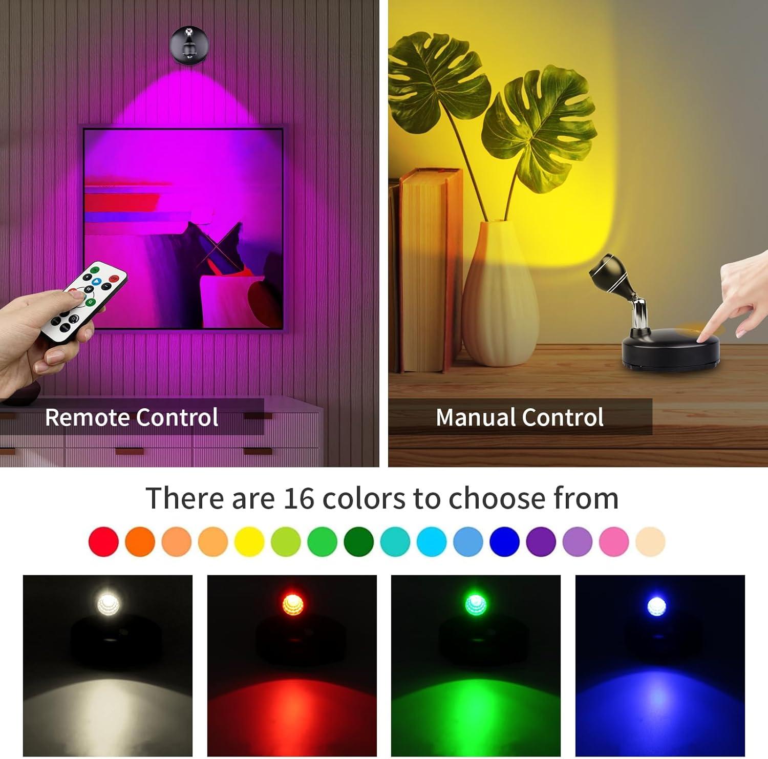 LED Spot Light Indoor, Battery Operated Led Light Stick Up Lights with Remote, Mini Spotlight Dimmable Accent Lights for Lighting up Paintings Pictures(RGB 2 Pack)
