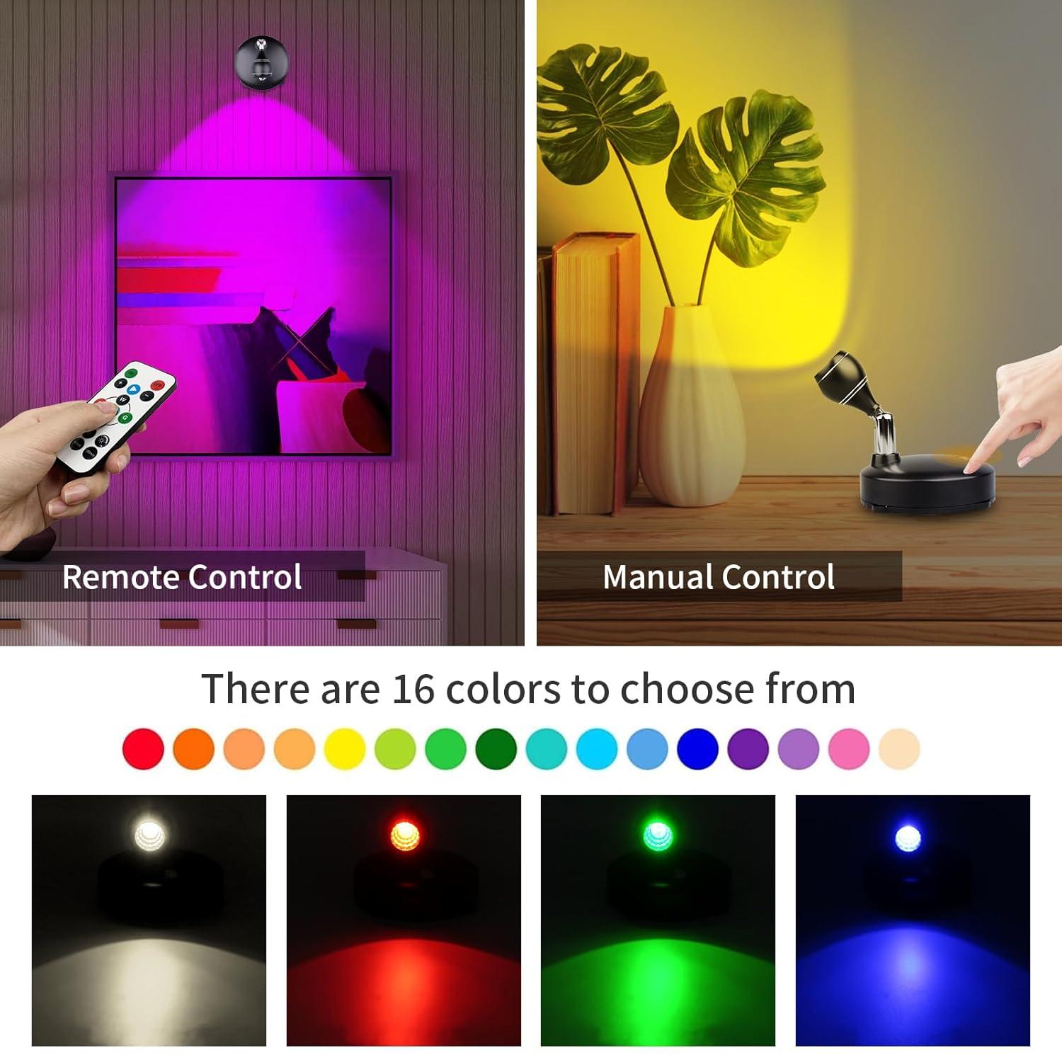 LED Spot Light Indoor, Battery Operated Led Light Stick Up Lights with Remote, Mini Spotlight Dimmable Accent Lights for Lighting up Paintings Pictures(RGB 2 Pack)