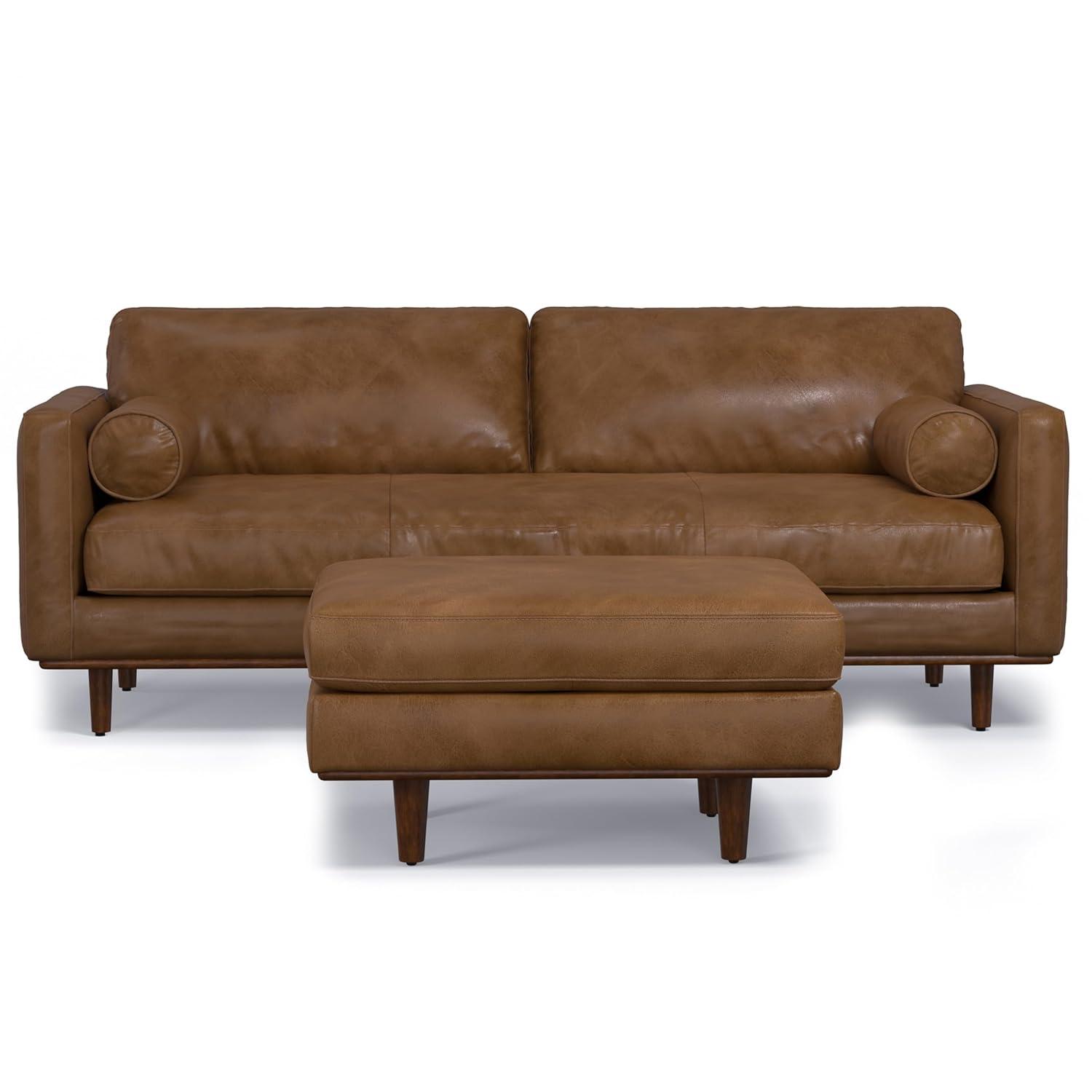 Simpli Home Morrison  Sofa and Ottoman Set in Genuine Leather