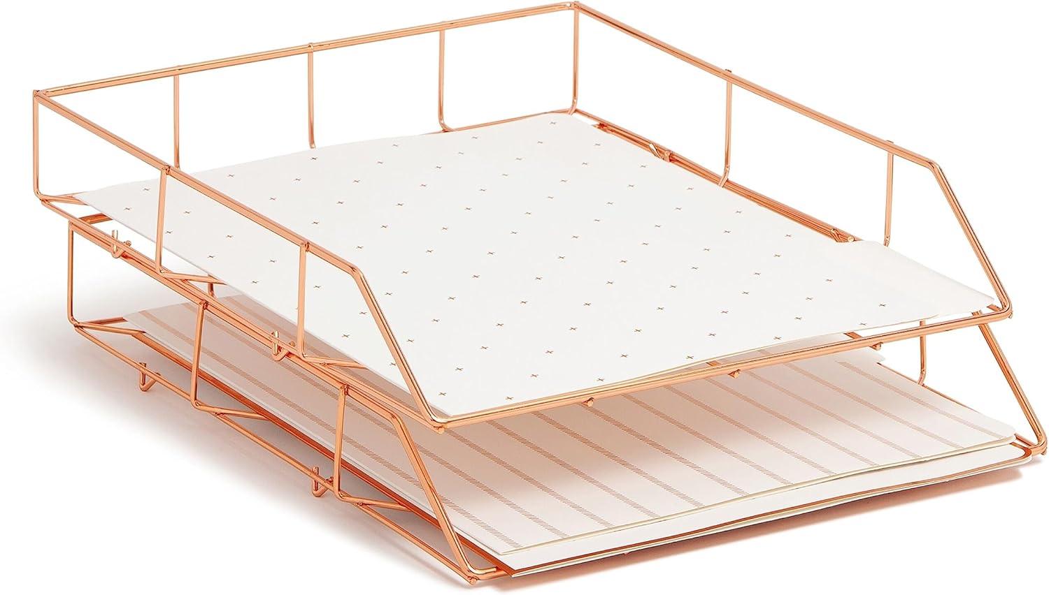 U Brands Letter-Size Desktop Fashion Filing Set, Rose Gold, (1) Rack, (3) Hanging Folders, (3) File Folders, (2) Trays,(1) Mail Sorter