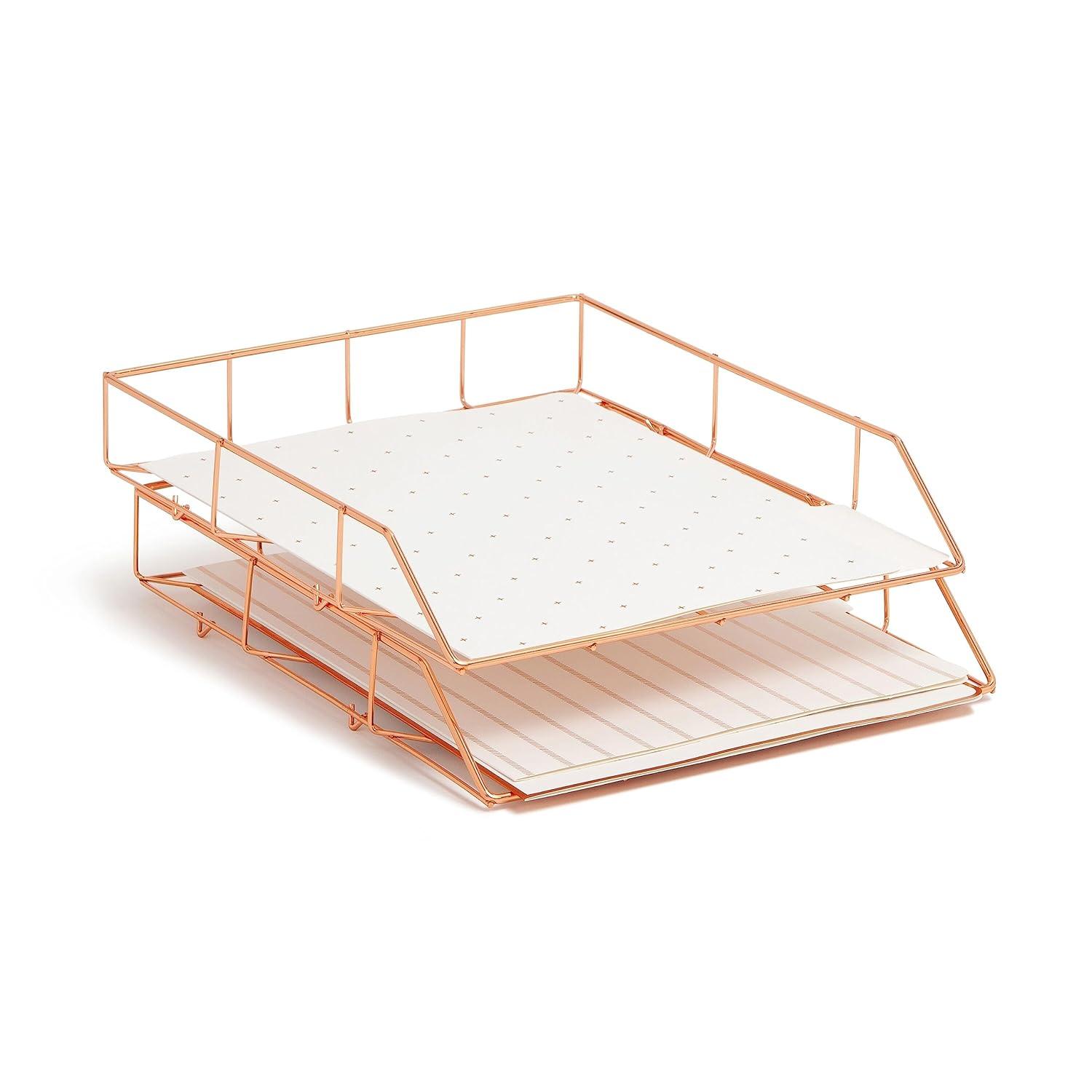 U Brands Letter-Size Desktop Fashion Filing Set, Rose Gold, (1) Rack, (3) Hanging Folders, (3) File Folders, (2) Trays,(1) Mail Sorter