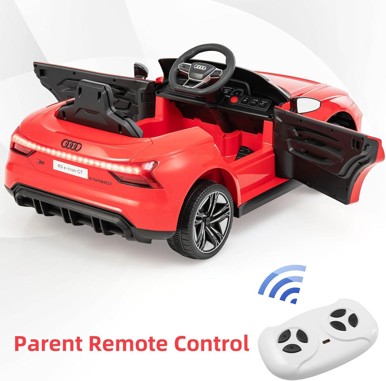 OLAKIDS 12V Kids Ride On Car, Licensed Audi RS e-tron GT Electric Vehicle with Remote Control, Toddlers Battery Powered Toy with 4 Wheels Suspension, LED Headlight, Music, MP3, USB, TF Port (Red)