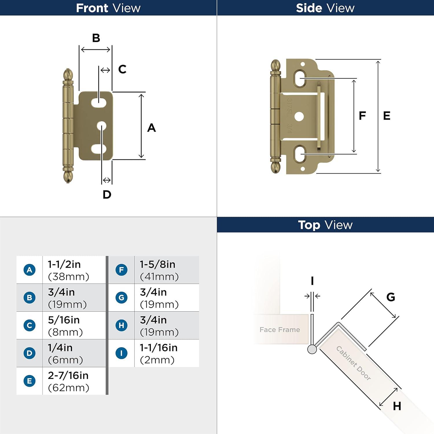 Golden Champagne 3/4 in. (19 mm) Door Thickness Full Inset, Partial Wrap Ball Tip Cabinet Hinge - Single Hinge