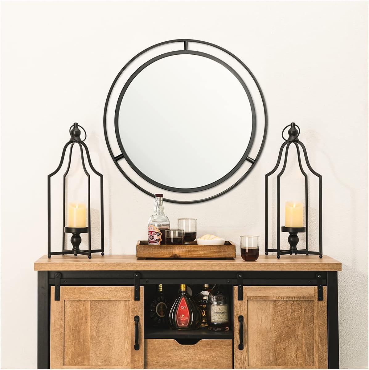 Glitzhome Modern Farmhouse Metal Lanterns Decorative Hanging Candle Lanterns Distressed Black Set of 2 (Small)