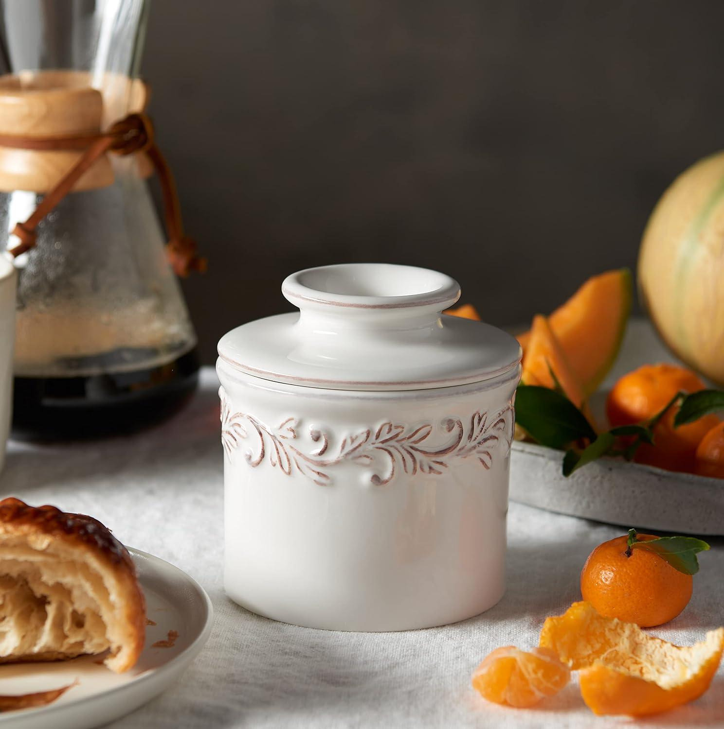 Antique White Ceramic Butter Bell Crock with Embossed Design