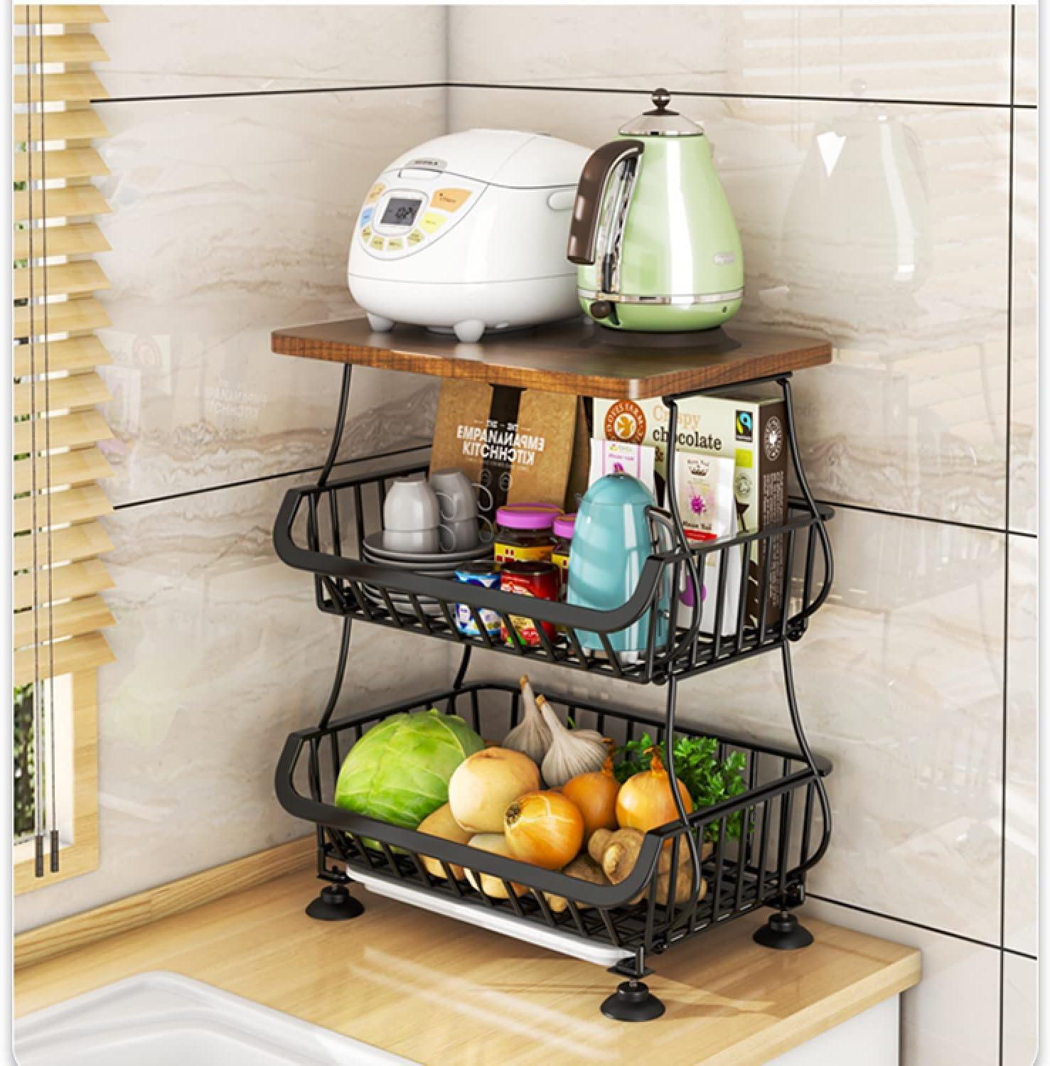 Black 5-Tier Metal and Wood Kitchen Storage Basket