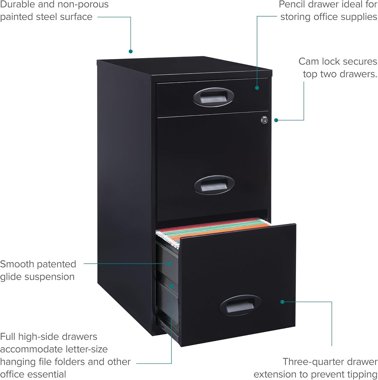 Space Solutions 3 Drawer Letter Width Vertical File Cabinet with Pencil Drawer, Black