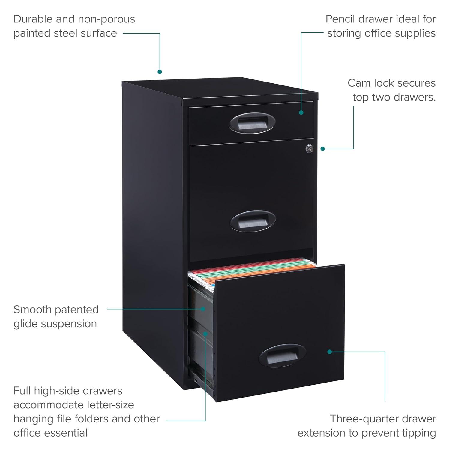 Space Solutions 3 Drawer Letter Width Vertical File Cabinet with Pencil Drawer, Black