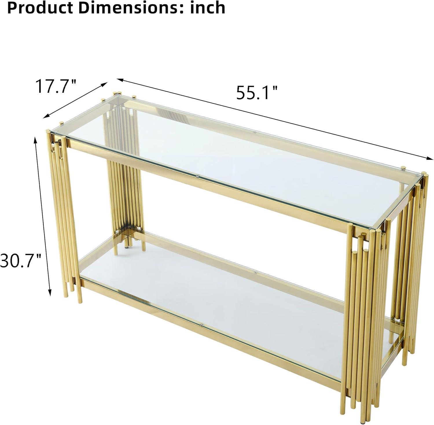 Modern Glass Console Table, 55" Gold Sofa Table with Sturdy Metal Frame and Clear Tempered Glass Top, for Living Room Entryway Bedroom, Gold Finish 00009