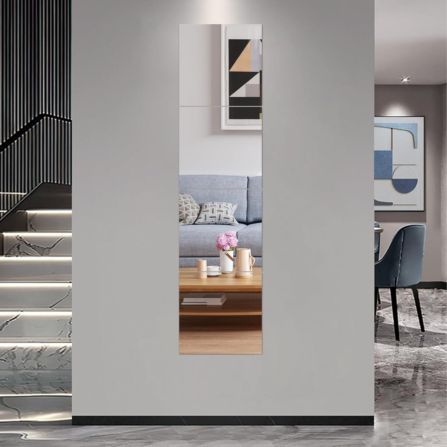 HD Glass Full Length Wall Mirror Tiles, 12'' x 12'' x 4PCS, Frameless Full Body Mirror Tiles for Bedroom, Full Length Mirror Wall Mounted for Home Gym, Door