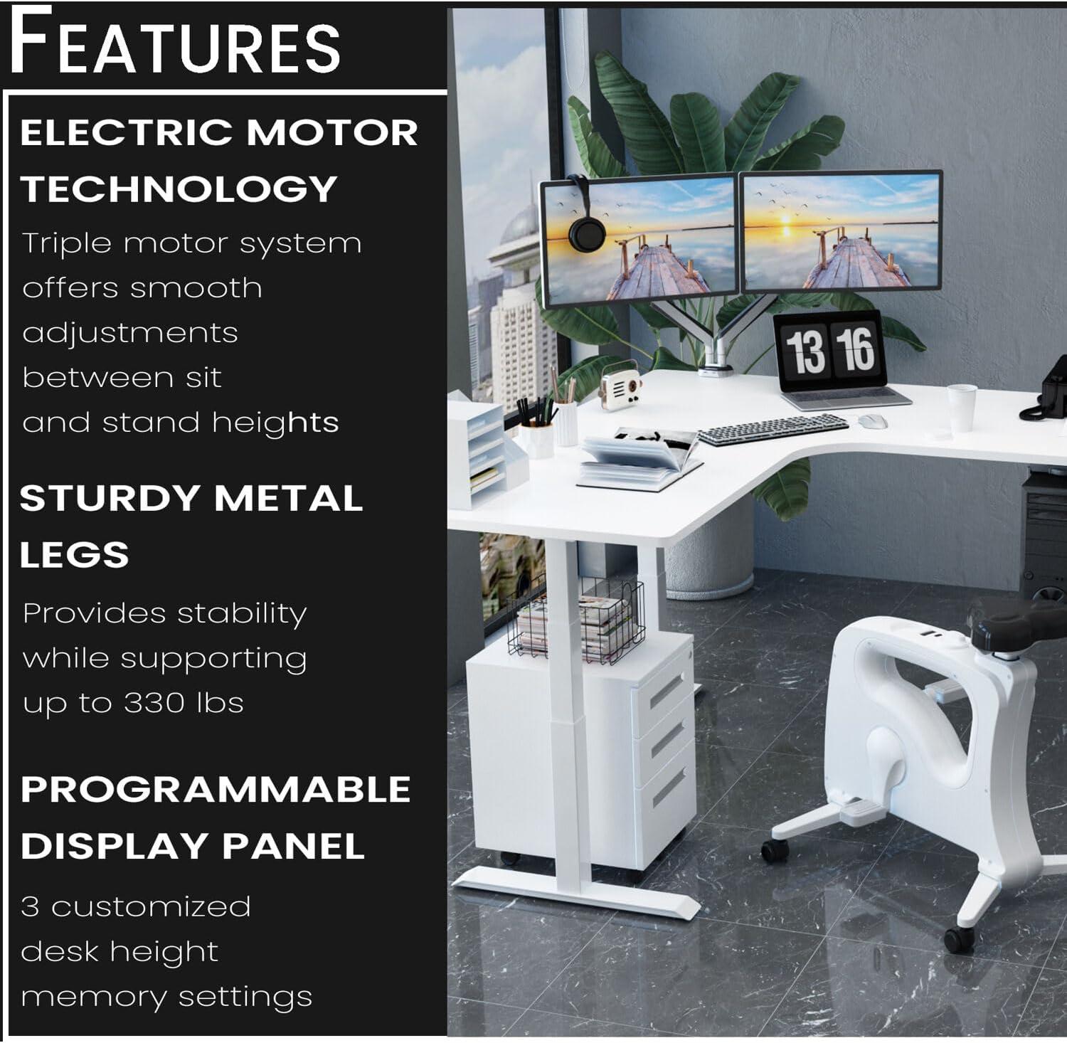 White L-Shaped Adjustable Height Standing Desk with USB Port