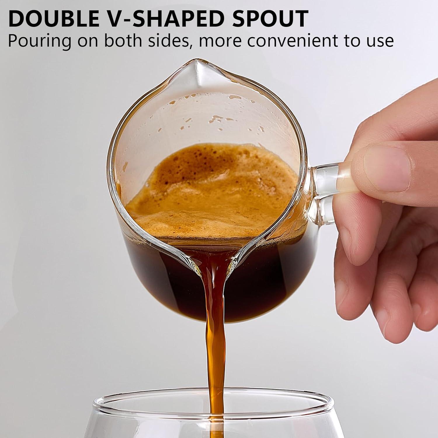 Espresso Cups Set of 2, 4 oz Double Spouts Cup, Espresso Shot Glasses with Handle, V-Shaped Spout Milk Cup, Borosilicate Glass, Mini Clear Glasses for Coffee Bar, Machine Accessories