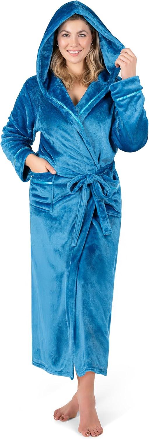 PAVILIA Fleece Robe For Women, Plush Warm Bathrobe, Fluffy Soft Spa Long Lightweight Fuzzy Cozy, Satin Trim (With Hood - Sea Blue, Large-X-Large)