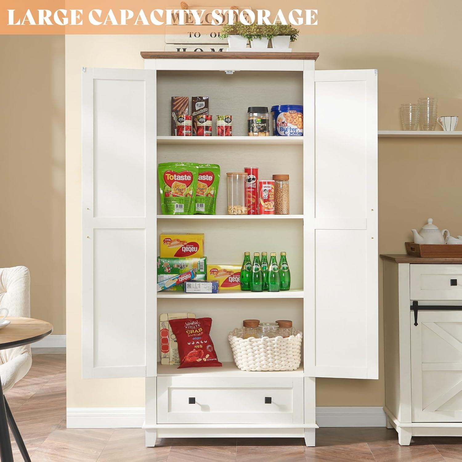 White Farmhouse 72'' Tall Kitchen Pantry Cabinet with Adjustable Shelves