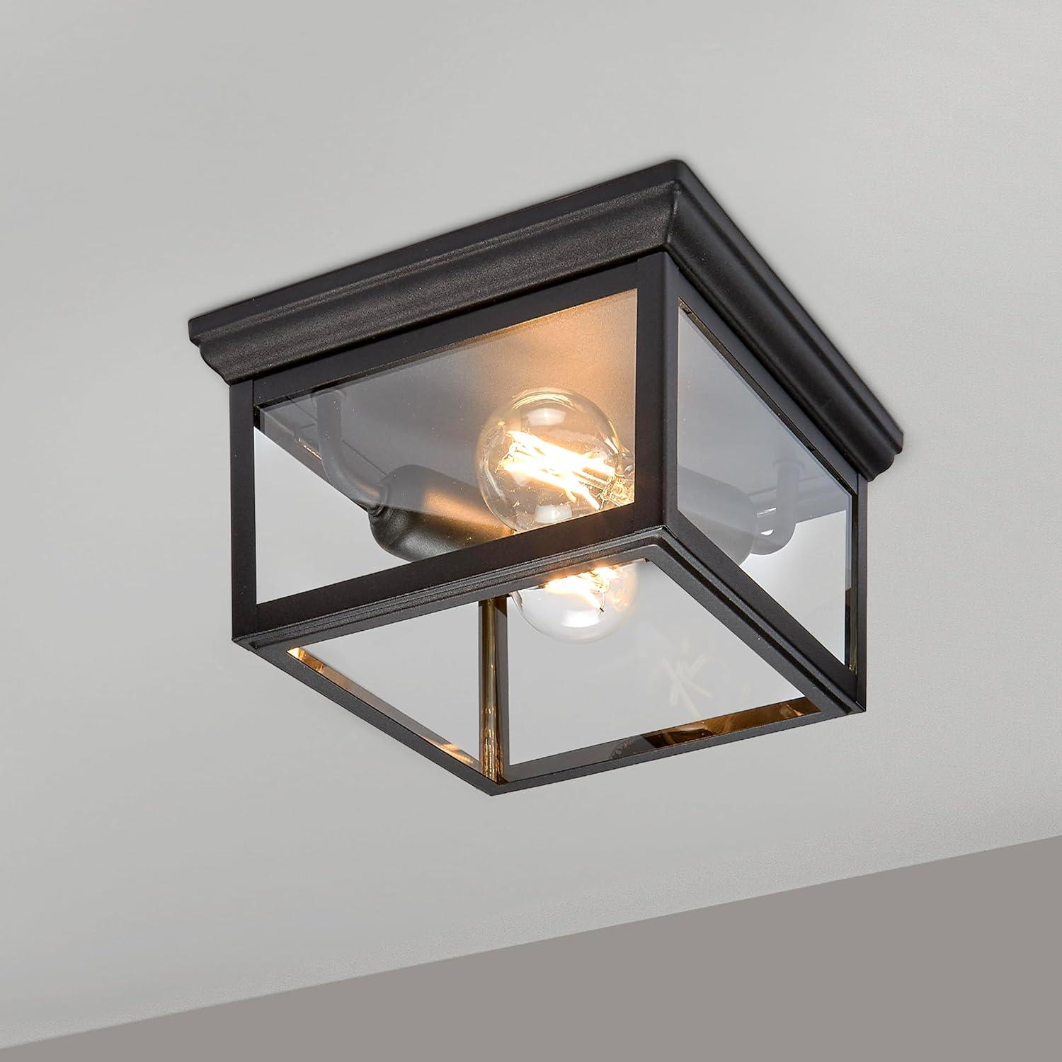 Maxxima 9 in. Outdoor / Indoor Flush Mount Ceiling Light Fixture, Black Porch Light w/ Clear Glass, Bulbs Not Included