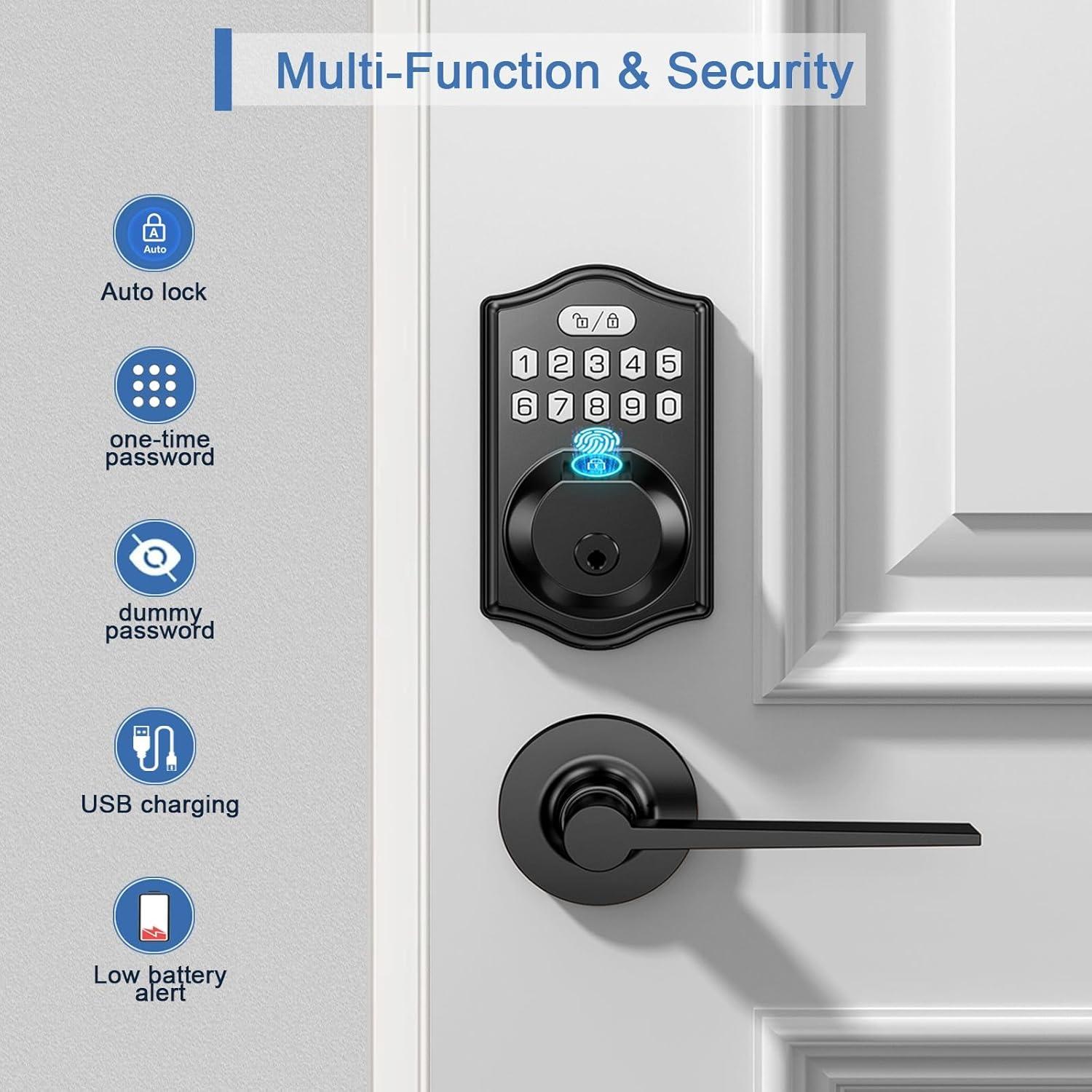 keyless Entry Door Lock deadbolt with Handle Set-Front Smart Door Locks for Front Door-with 2 Lever Handles-Electronic Keypad Code Deadbolt,Fingerprint Door Lock-Auto Lock (Oil Rubbed Bronze)