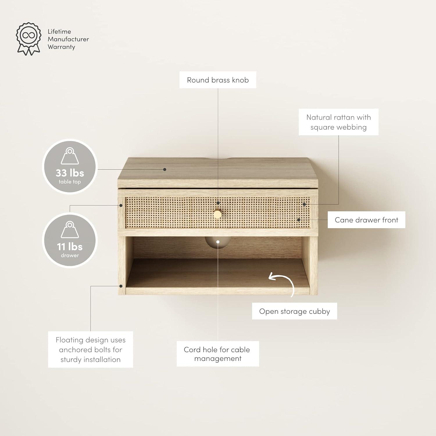 Nathan James Jackson Floating Side Table Rattan and Wood Light Oak: Bedside Shelf, Laminate Surface