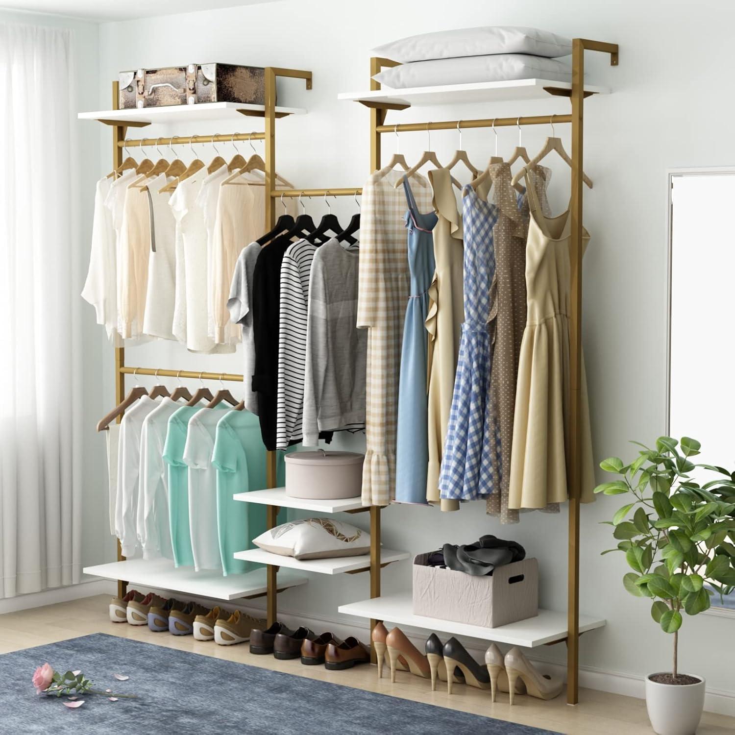 Rebrilliant Oloran Gold Wall Mount Clothes Rack with 4 Hanging Rods, Clothing Rack with 6-Tier Adjustable Shelves