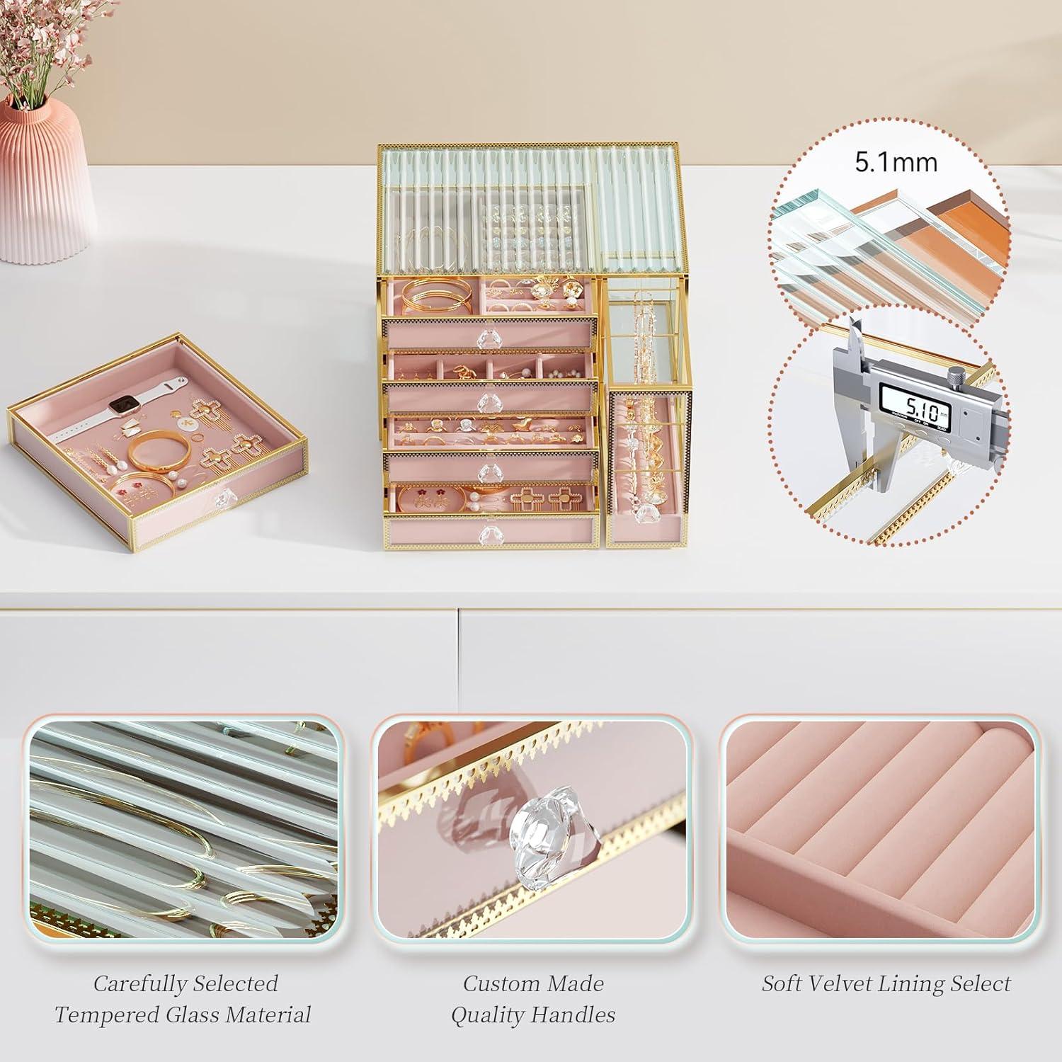 Youdepot Jewelry organizer box-Tempered Glass 5-Drawer jewelry boxes for women, Large Jewelry Boxes & Organizers With Velvet Necklaces Earring Organizer.