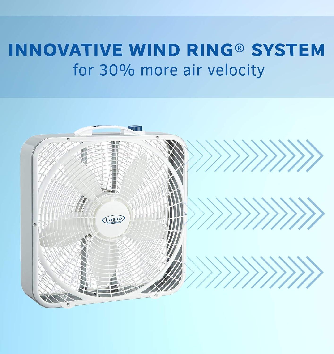 Lasko 20 Weather-Shield Performance Box Fan-Features Innovative Wind Ring System for Up to 30% More Air, 20 Inch, 3720