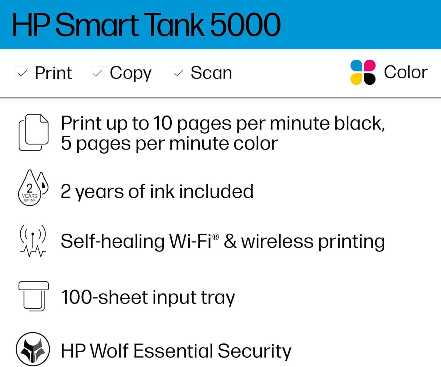 HP Inc. Smart Tank 5000/5100 All-in-One Inkjet Printer, Mobile Print, Copy, Scan Up