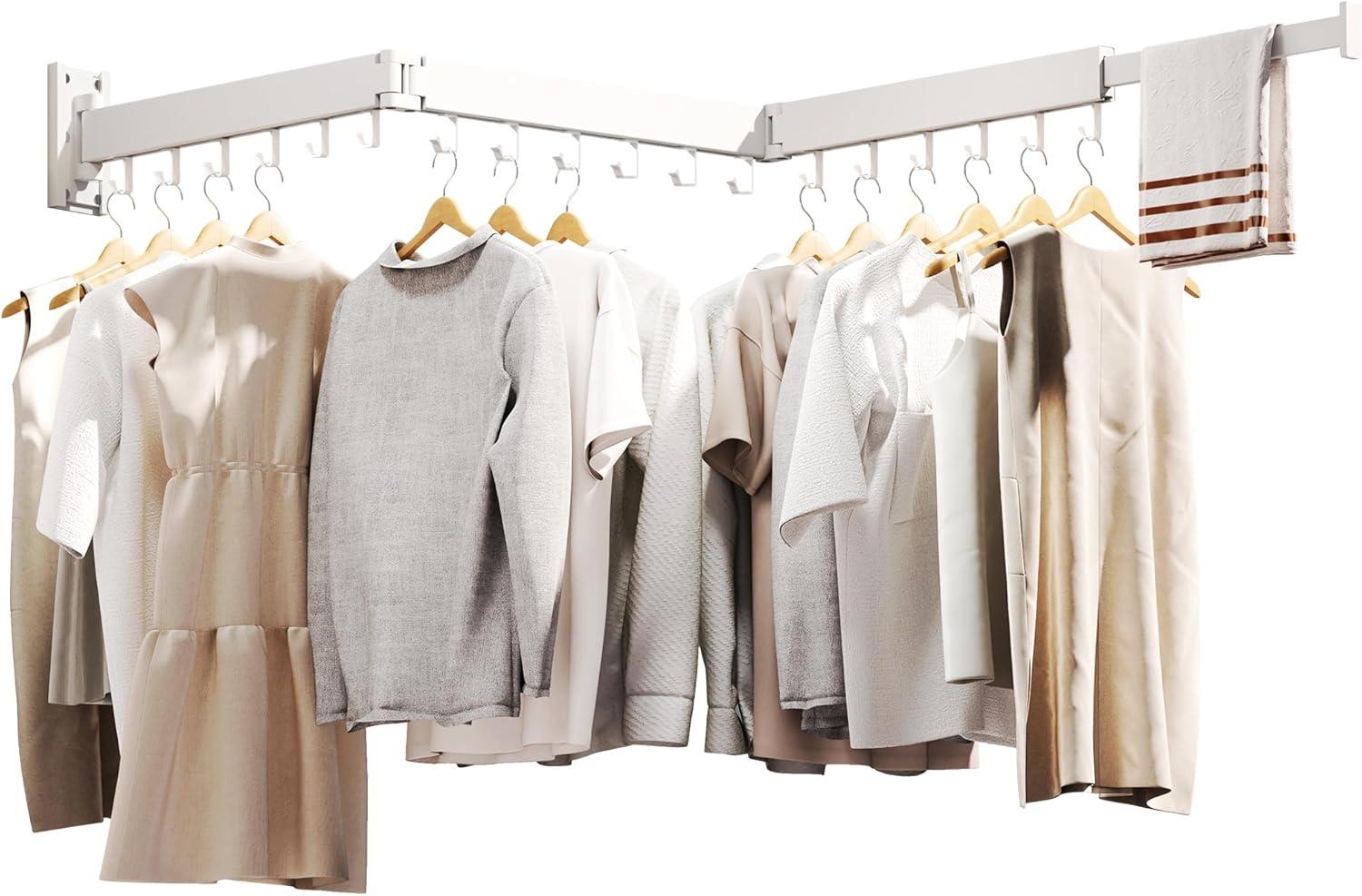 Clothes Drying Rack for Laundry, Retractable Clothes Hanger Rack Wall Mounted Folding Indoor, Drying Rack, Space Saver Clothes Rack,Collapsible (Tri-Fold) with 18 J-Hooks Laundry Rack White