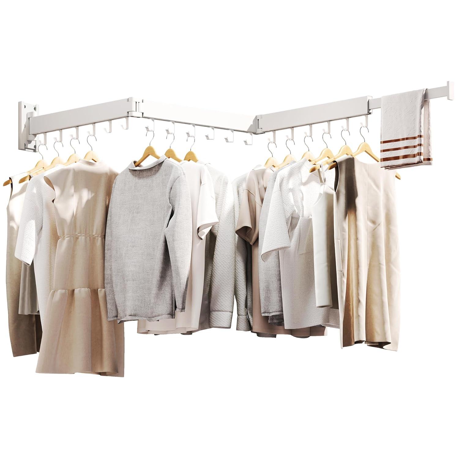 Dr.DJ Clothes Drying Rack for Laundry, Retractable Clothes Hanger Rack Wall Mounted Folding Indoor, Drying Rack, Space Saver Clothes Rack,Collapsible (Tri-Fold) with 18 J-Hooks Laundry Rack White