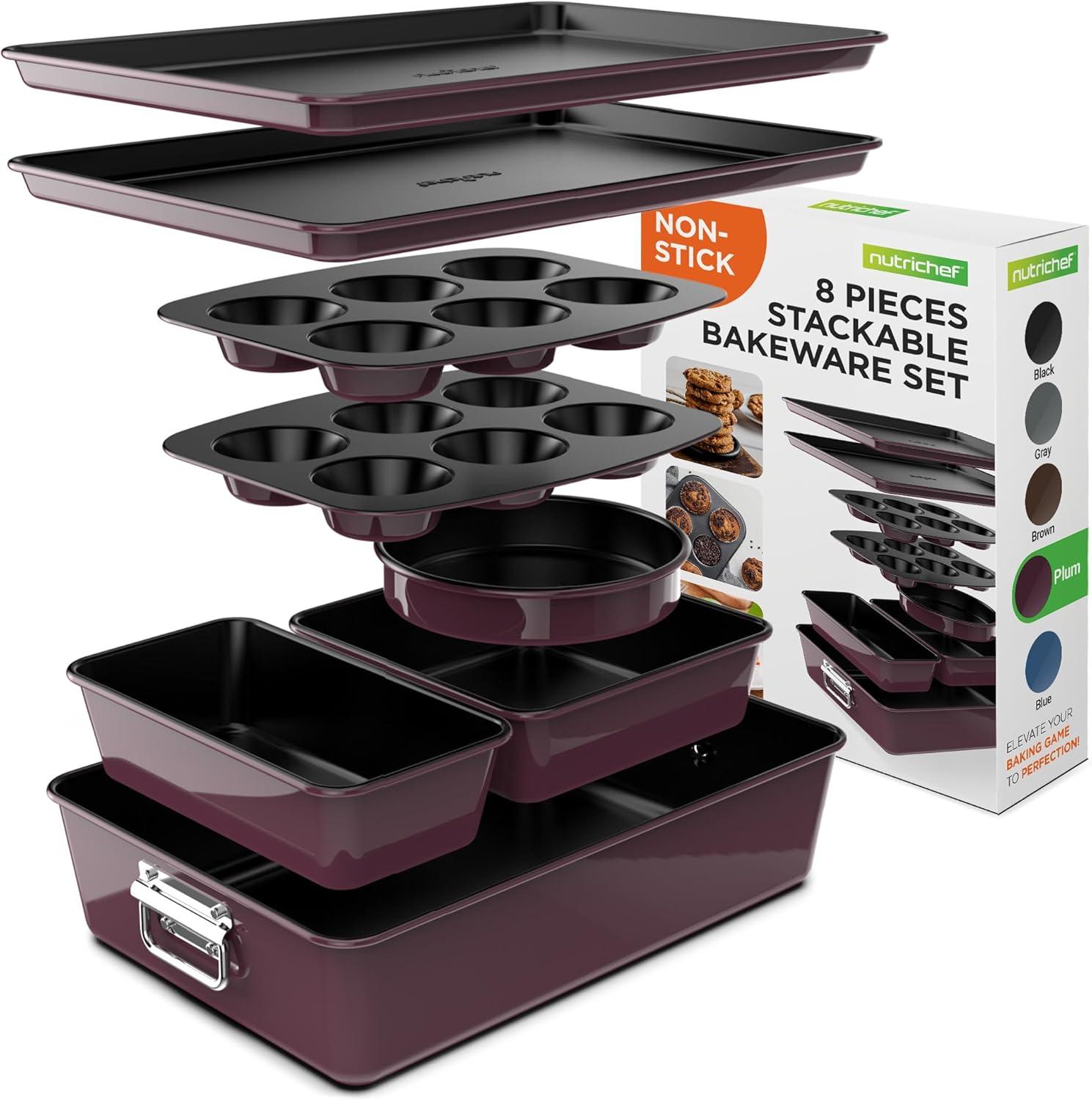 NutriChef 8-Piece Plum Nonstick Stackable Bakeware Set