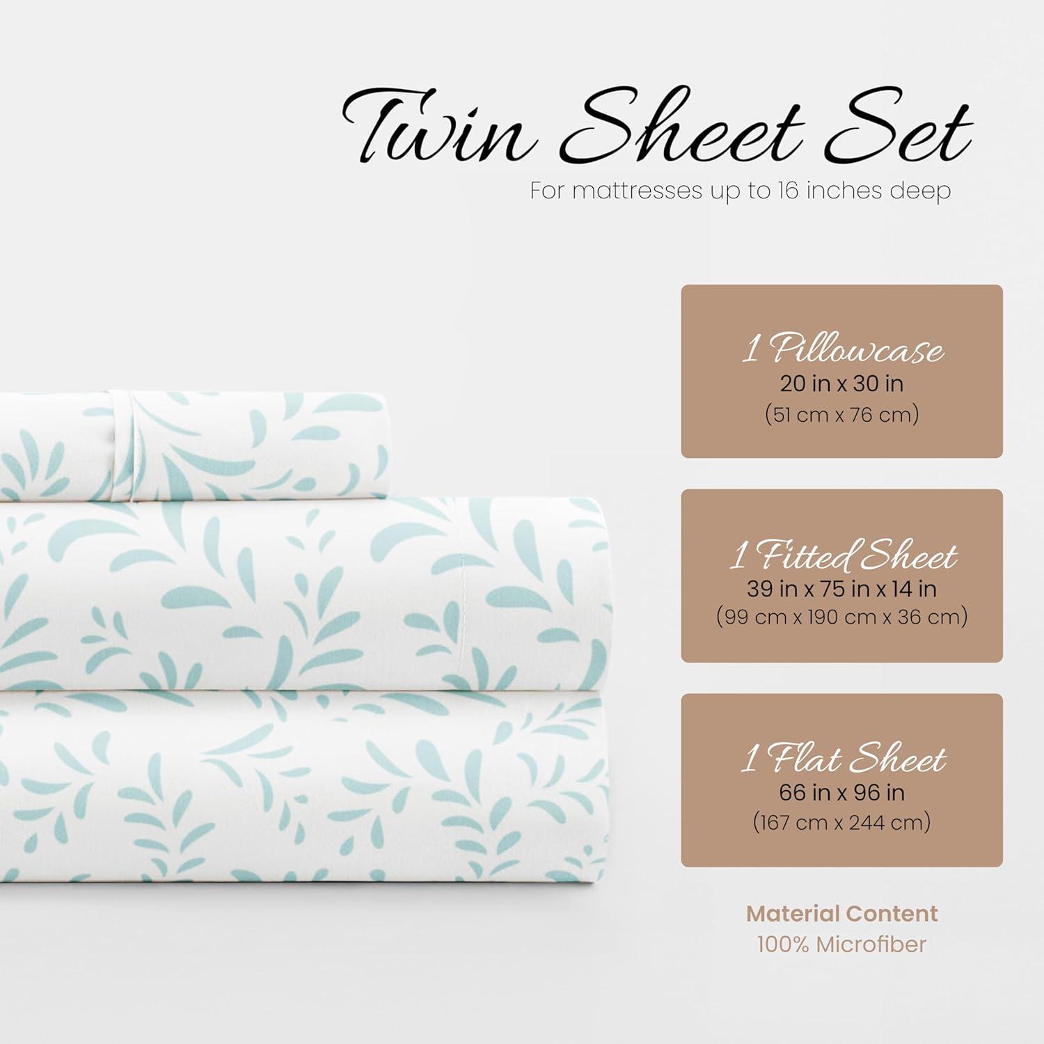 Light Blue Floral Twin Microfiber Deep Pocket Sheet Set