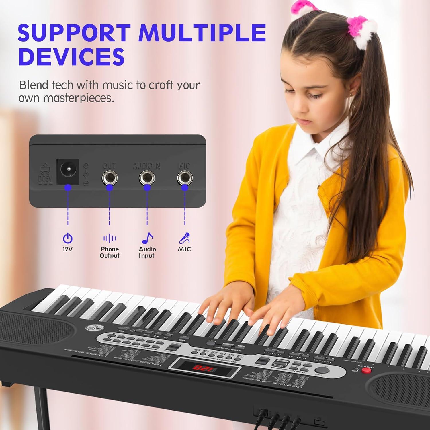 Fenbeli 61 Key Piano Keyboard with Lighted Keys Electric Keyboard Kit with Stand, Bench, Headphones, Built-in Speakers, Pink