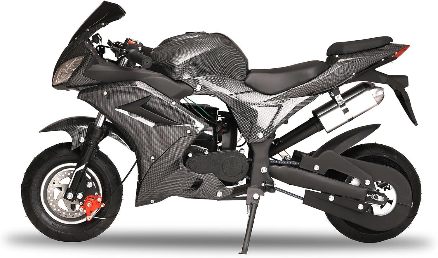 Mini Pocket Bike Motorcycle 49cc 4-Stroke Gas Bike Motorbike with Front Rear Disc Brakes, Gas Pocket Motorbike Racing Max Speed 25MPH, Dual Headlights Black