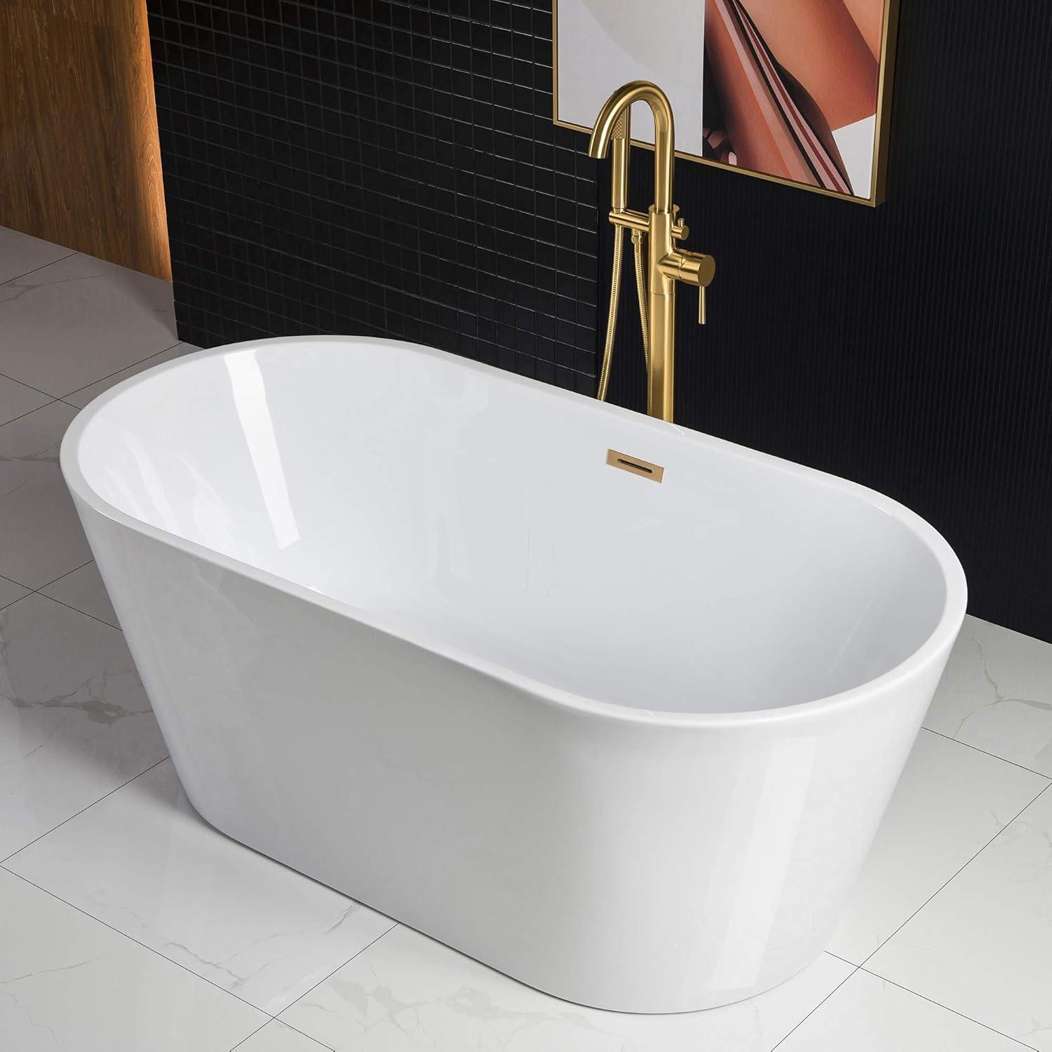 WOODBRIDGE 59" Acrylic Freestanding Bathtub Contemporary Soaking White Tub with Brushed Gold Overflow and Drain,B0014-BG