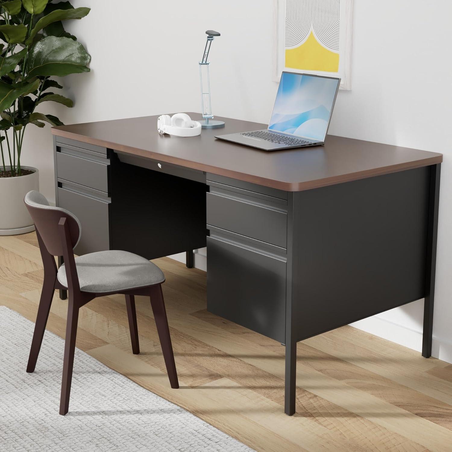 Executive Black Steel Desk with Walnut Laminate Top and Drawers