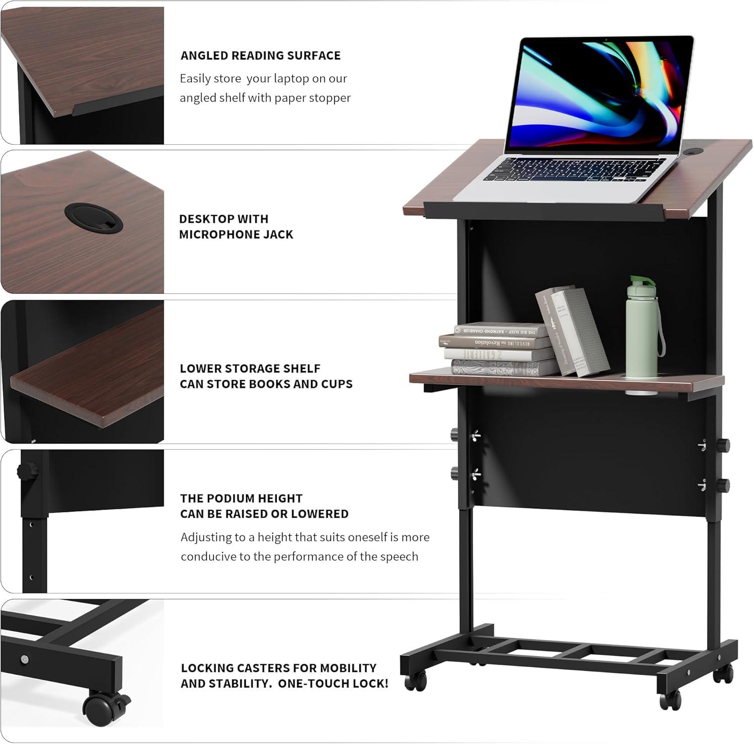 Stand Up Desk Store Mobile Adjustable Height Rolling Lectern Podium with Heavy Duty Steel Frame