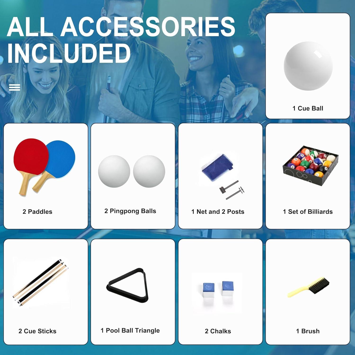 Holaki 3 in 1 Billiard Table, 65.75" Folding Pool Table with Ping Pong Table and Dining Top, Multi Game Table Includes Billiard Accessories and Tennis Paddles for Family Game Room, Basements