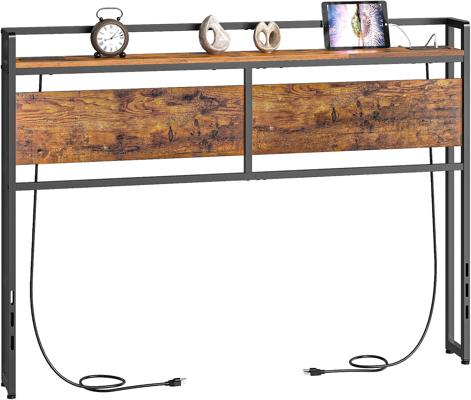 Full Size Headboard, Headboard with 2 Outlets, LED Lights and USB Ports, Adjustable Height, Storage Rack, Sturdy and Stable, Easy Assembly