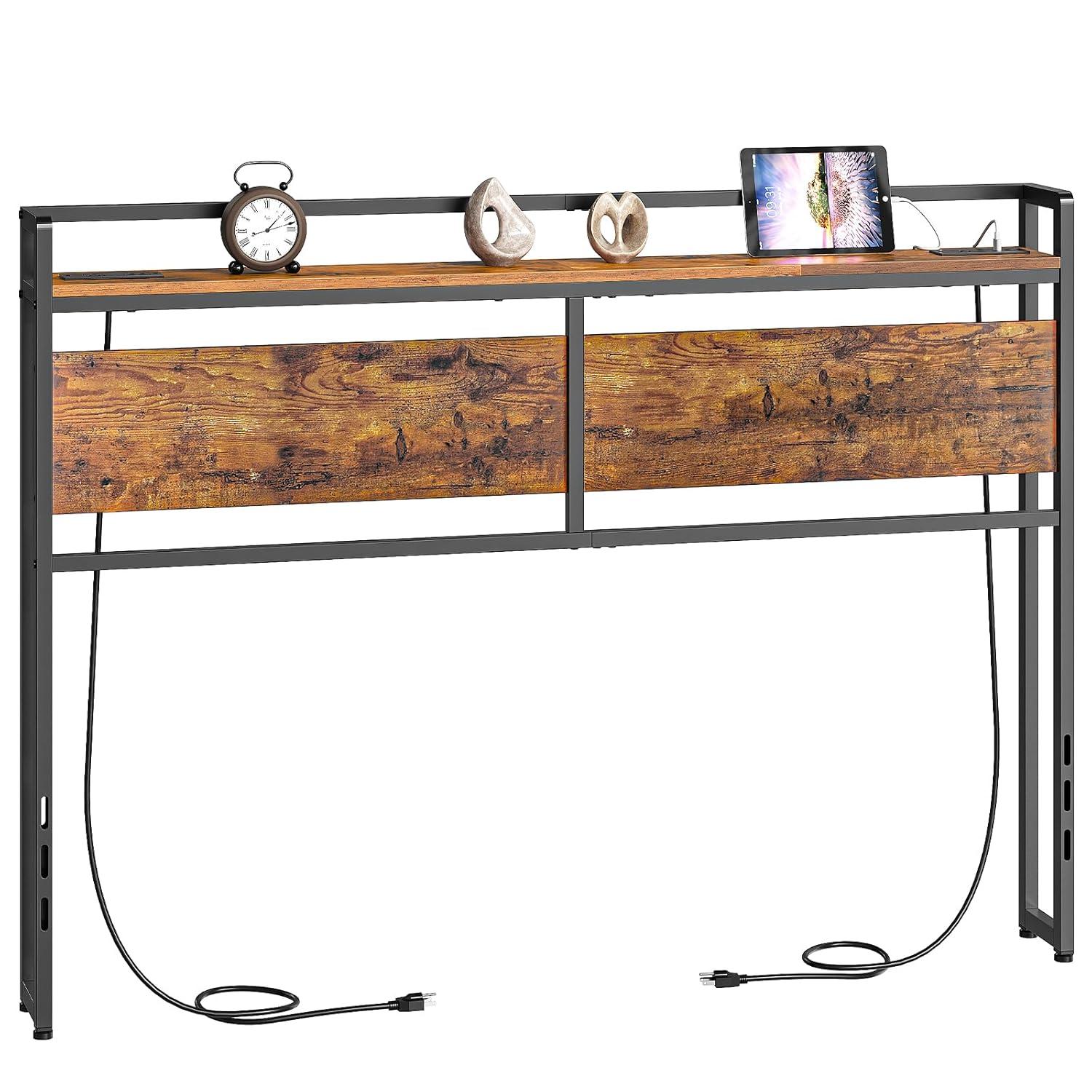 Full Size Headboard, Headboard with 2 Outlets, LED Lights and USB Ports, Adjustable Height, Storage Rack, Sturdy and Stable, Easy Assembly