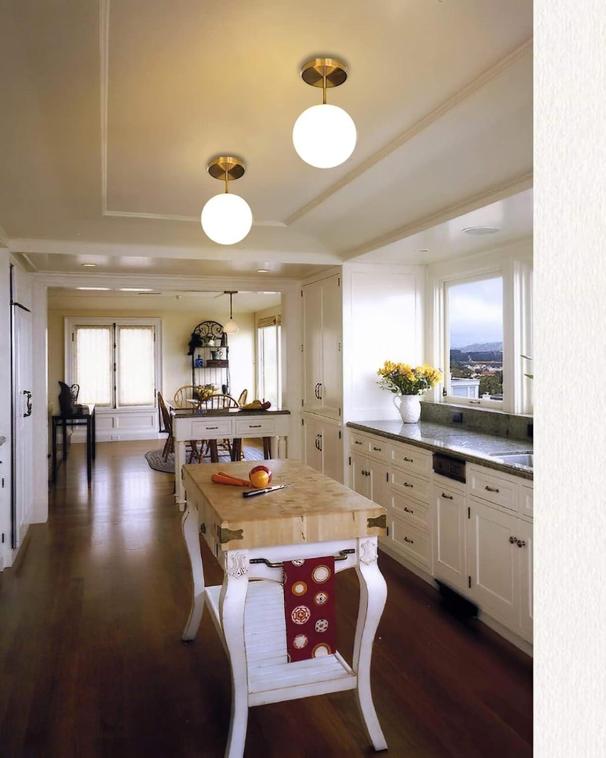 Mid Century Modern Globe Semi Flush Mount Ceiling Light Fixture Frosted Glass with Gold Brass Finish,1-Light Sphere Glass Pendant Lights for Aisle Porch Stairway Closet Kitchen Laundry Room(Bulb Incl)