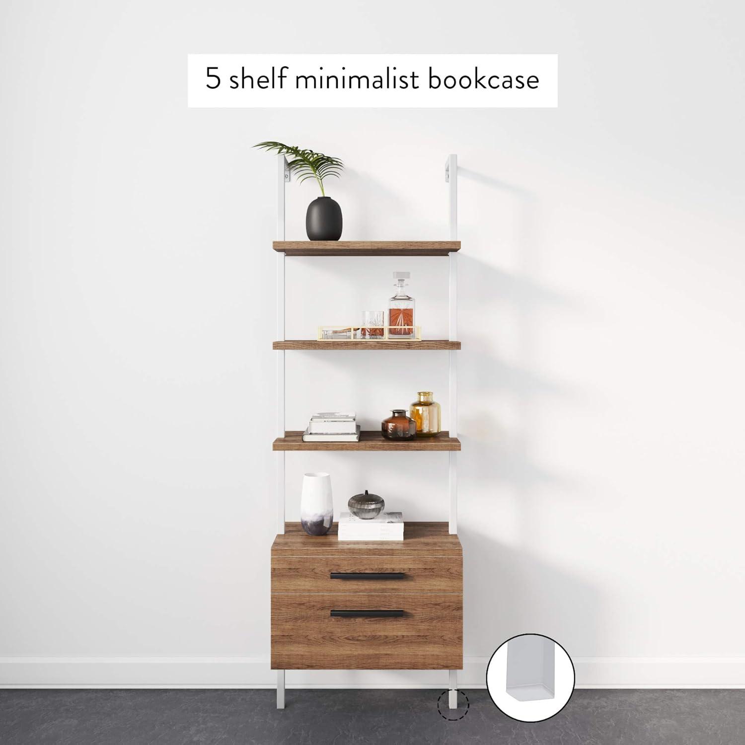 Nathan James Theo Open Shelf Bookcase with Drawers in Rustic Oak Wood and White Steel Frame