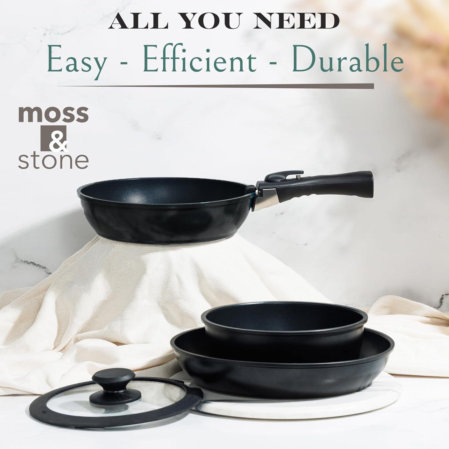 Moss & Stone 10pcs Black Pots and Pans Set Non Stick, Cookware Sets Detachable Handle, RV Kitchen Set Removable Handle, Oven Safe, Induction Ready, Stackable Non-stick Set, Camping Cookware Set