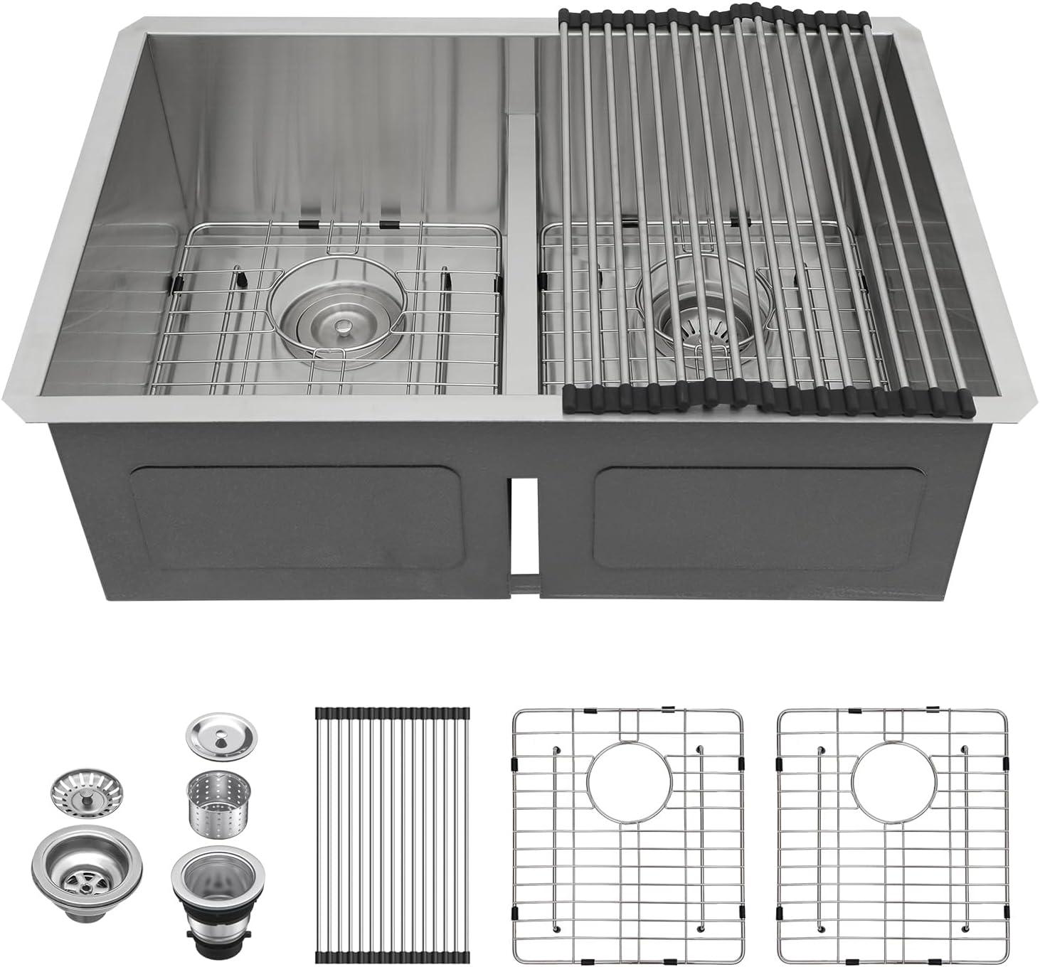 Double Bowl (60/40) Undermount Sink, 33"x19" Gunmetal Black Double Bowl Kitchen Sink 16 Gauge with Two 10" Deep Basin, X Grooves Engineered for Easy Draining