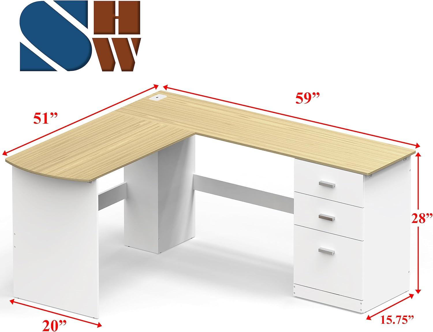 SHW L-Shaped Wood Corner Desk with 3 Side Drawers, Oak