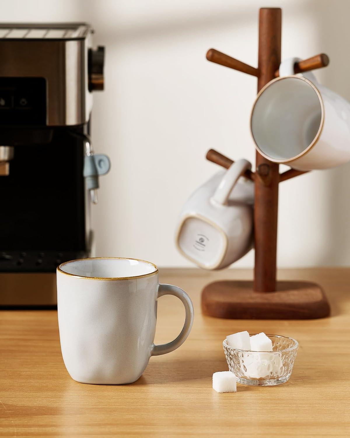 FAST APPLIANCES LLC Coffee Mugs Set Of 4, Ocean Square 13Oz Coffee Cup Set With Handle For Cocoa, Milk, Hot Chocolate, Tea, Water, Stoneware Cups For Kitchen, Microwave And Dishwasher Safe, Vanilla White