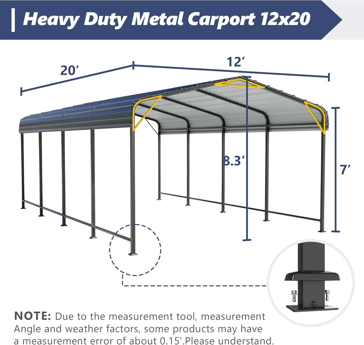 COBIZI 12x20ft Carport Heavy Duty, Portable Car Garage with Built-in Sandbags, Waterproof Car Canopy for Truck, Boat, SUV with All-season Tarp, Gray