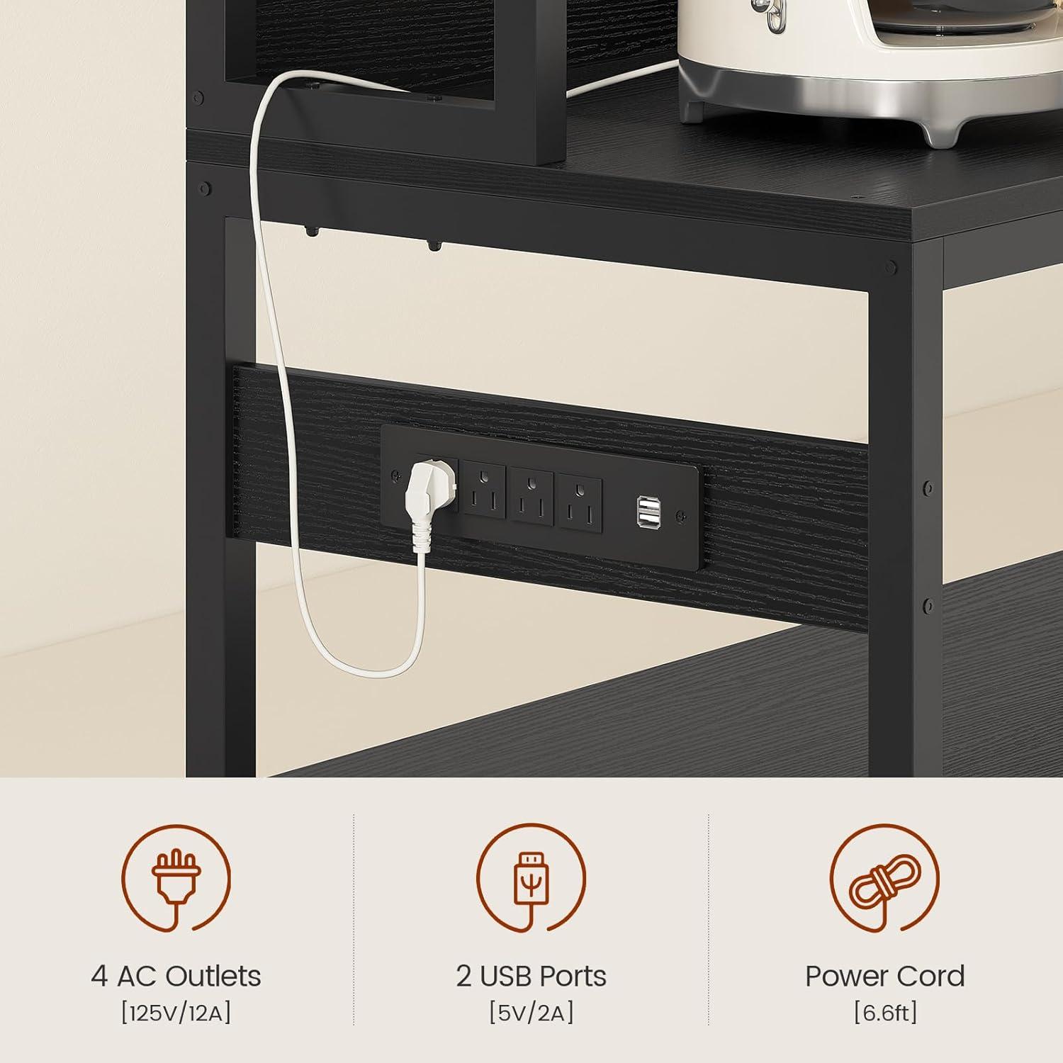 Kitchen Bakers Rack with Storage Shelves, Microwave Stand with Power Outlet and LED Light, Coffee Bar Cabinet Wire Basket Metal Grid Wine Rack Goblet Holder Hooks (Black, Small)