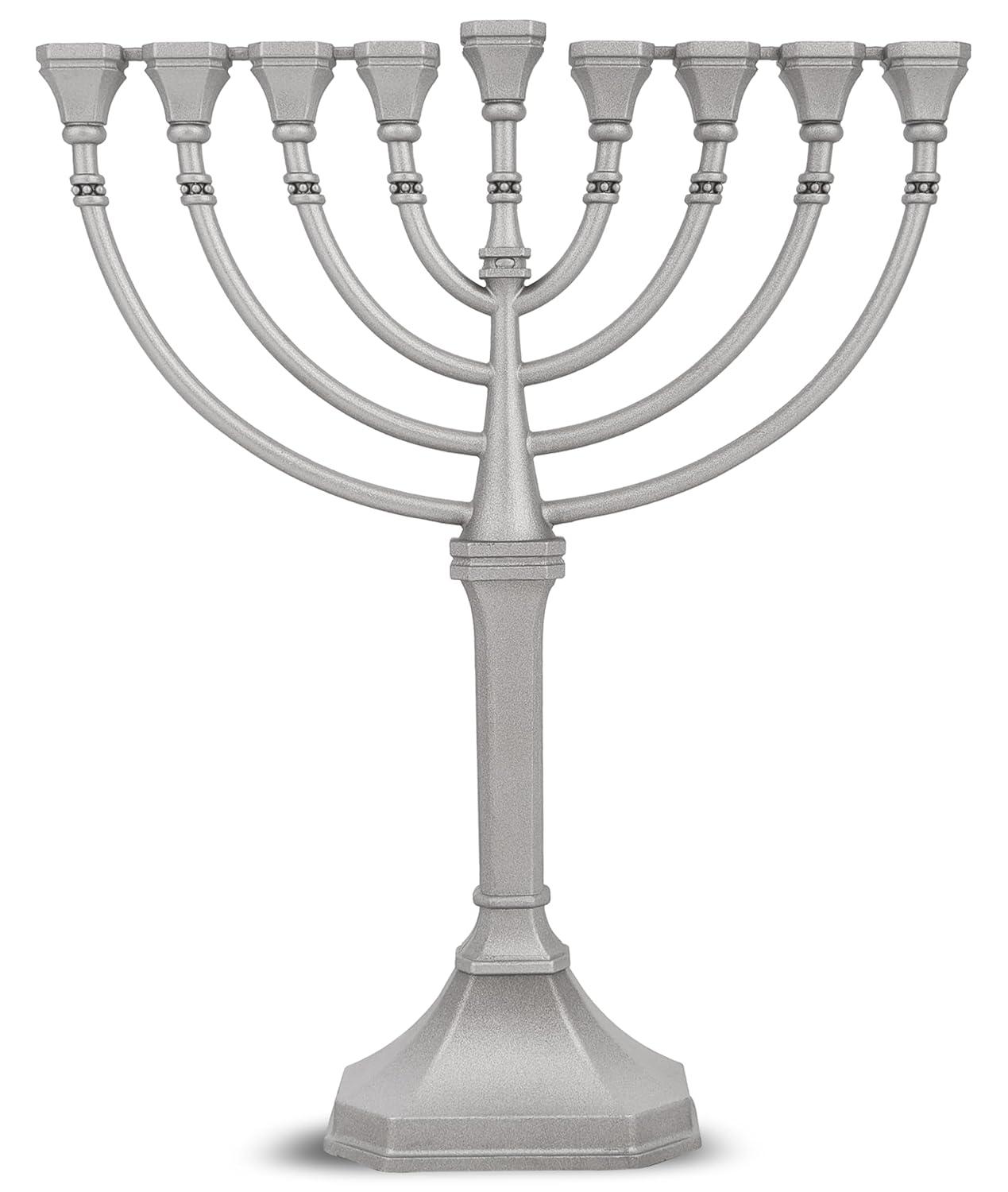 Traditional Classic Hanukkah Menorah - 9.5" Tall Graceful Style Candle Minorah Precision Die Cast Non Tarnish (Satin Silver) By Zion Judaica