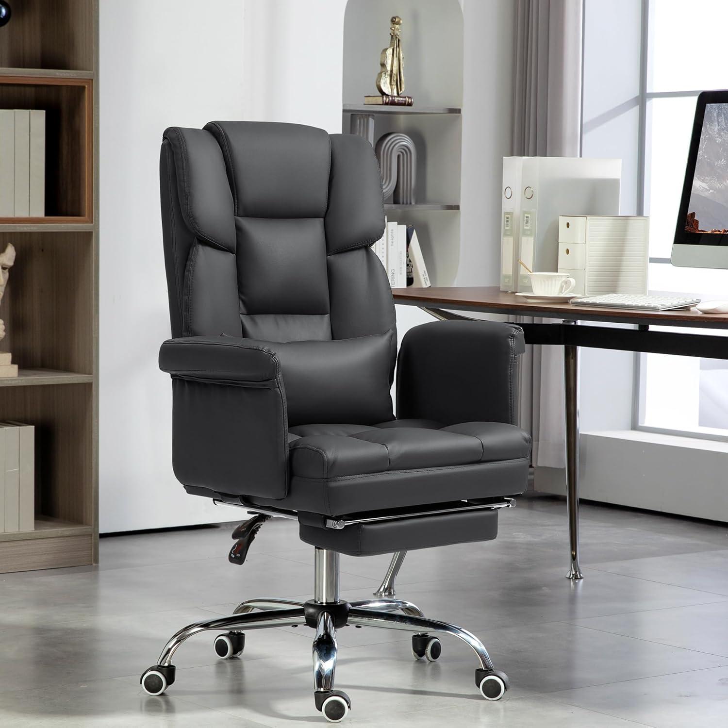 HOMCOM Executive Office Chair with Footrest and Lumbar Support, PU Leather Office Desk Chair, Ergonomic, Reclining and Swivel Chair, Black